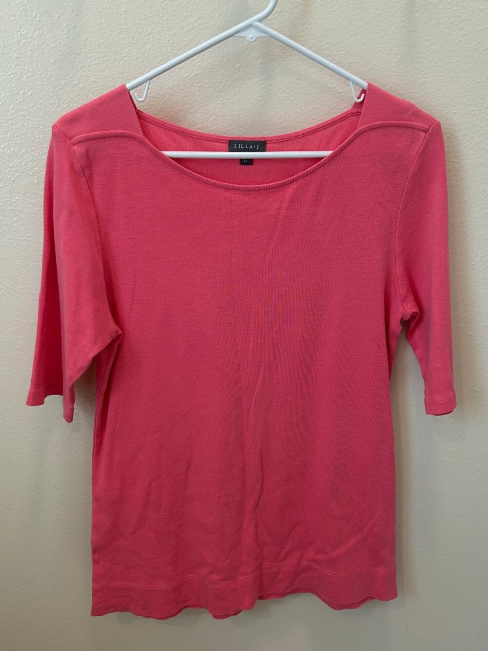 EUC Lilla P geranium pink, 3/4 sleeve, boatneck tee in 100% cotton, Size XL